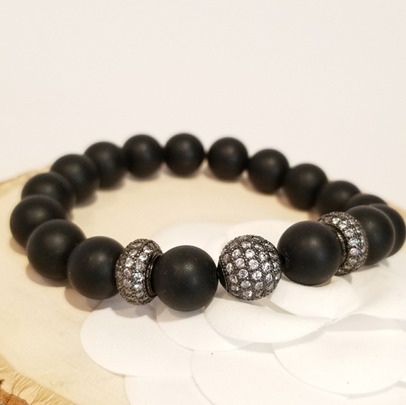 Jewelry - NEW Natural Black Stones Pave CZ Stretch Bracelet